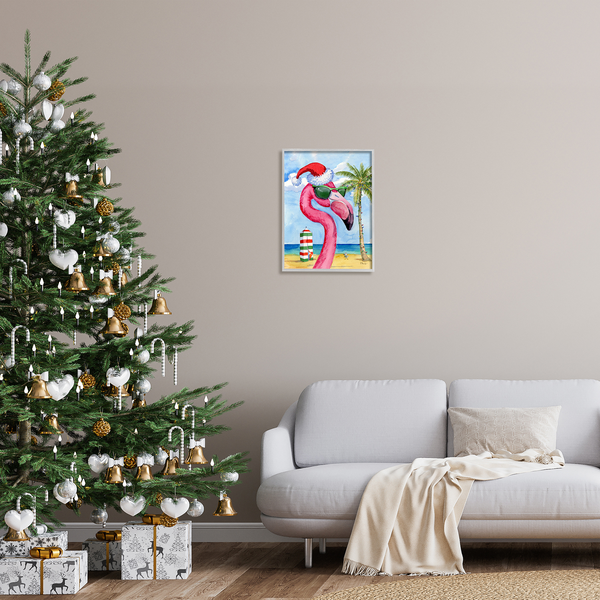 Stupell Industries Flamingo Tropical Christmas Holiday Painting Gray Framed Art Print Wall Art, 16 x 20