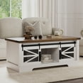 thumbnail image 1 of 47.2 Inch Rustic Farmhouse Coffee Table with Pop Up Workstation, Sliding Barn Door Cabinet and Hidden Storage Compartment, Adjustable Shelf Center Console for Living Room Home Office Entryway, 1 of 8