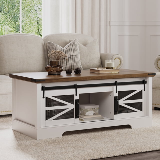 47.2 Inch Rustic Farmhouse Coffee Table with Pop Up Workstation, Sliding Barn Door Cabinet and Hidden Storage Compartment, Adjustable Shelf Center Console for Living Room Home Office Entryway