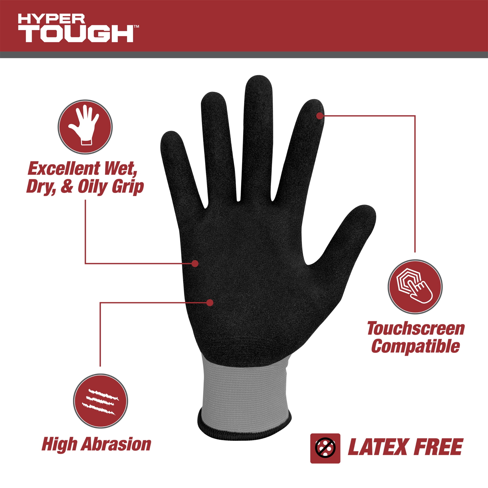 Hyper Tough Performance Grip Gloves, ANSI, Nitrile, Nylon, Spandex, Gray, X-Large