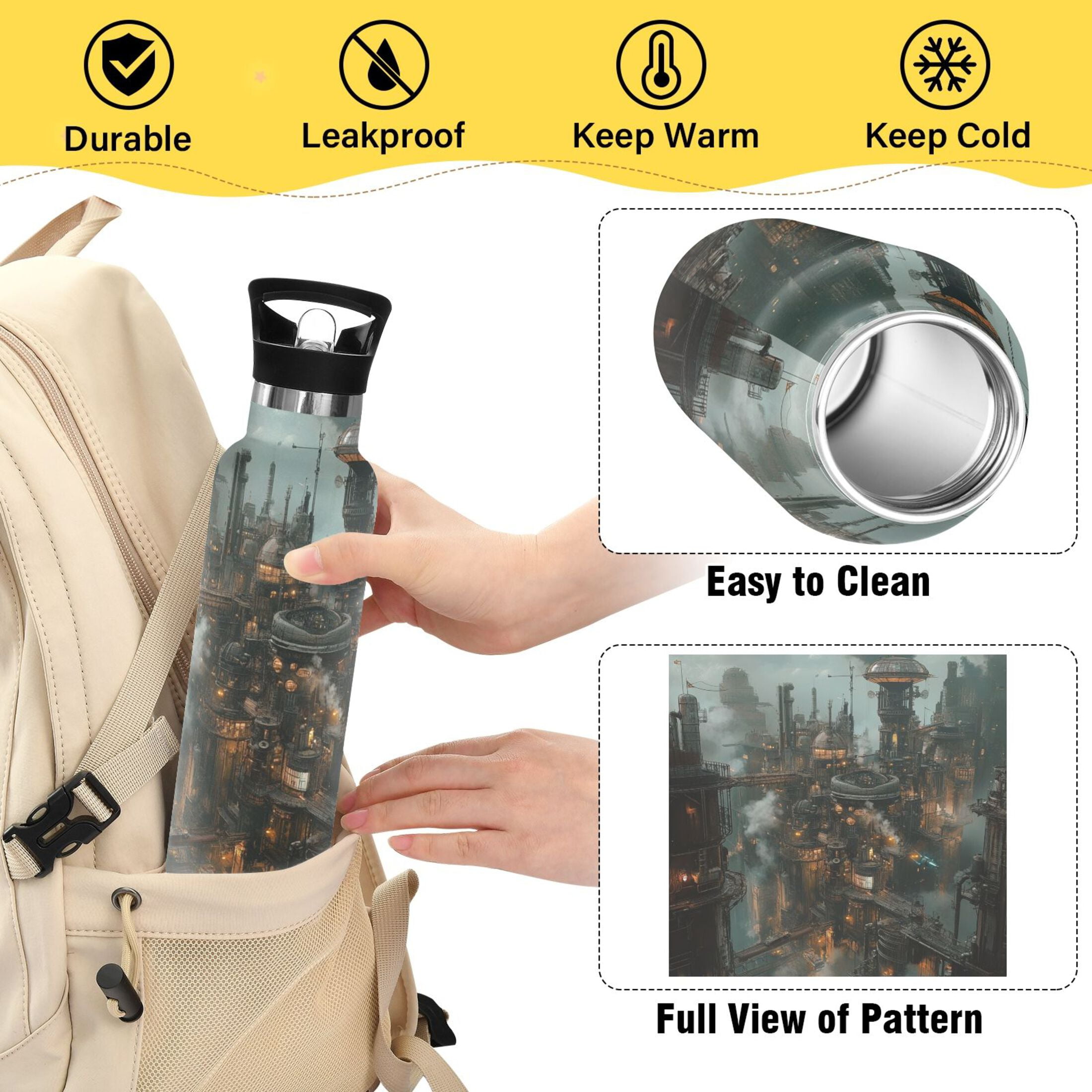 600ML Stainless Steel Insulated Cup Sports Water Bottle Portable Thermos Cup Water Glasses Insulated Tumblers Convenient and Durable Steampunk City