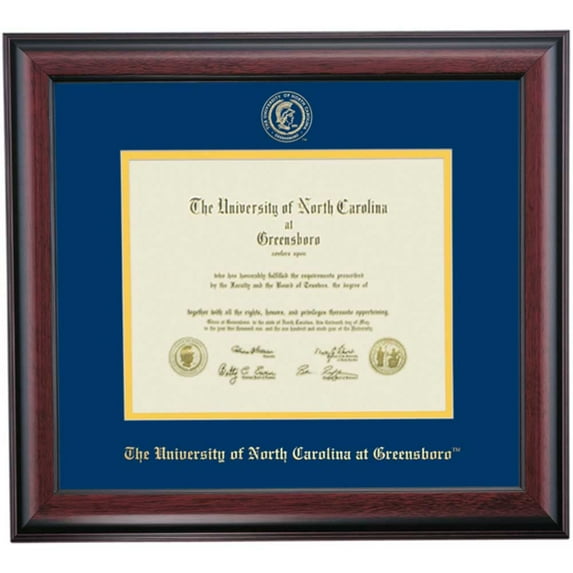 OCM Diploma Frame for University of North Carolina Greensboro UNCG, 19" x 21" Graduate Degree Diplomas Frame, Embossed Navy/Yellow Mat