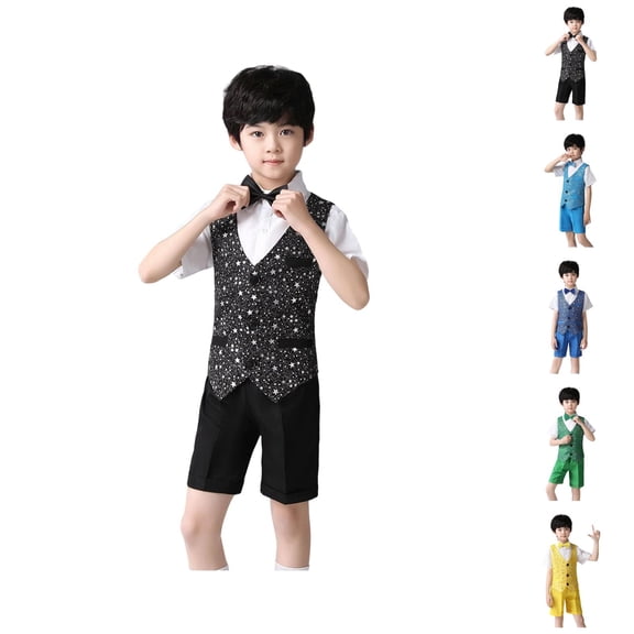 Sparkling Solid Vest and Shorts Set for Boys, Dressy Casual 4-Piece Outfit with Shirt for Summer Wedding Ring Bearer, Everyday Play & Special Occasions