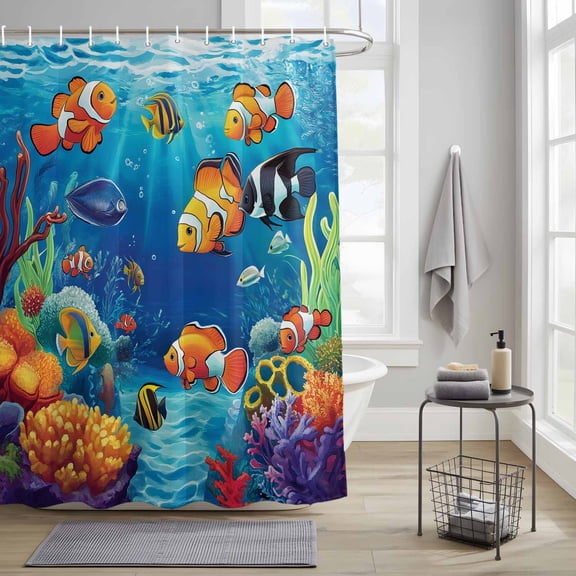 Bathroom Shower Curtain Ocean Fish Coral Seaweed Cartoon Style Waterproof Shower Curtains with Hooks, Blue Underwater World Bath Curtains Bathtub Curtain Home Decor 36x72in