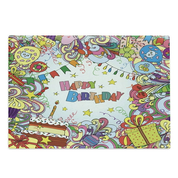 Birthday Cutting Board, Greeting Card Inspired Art in Colorful Cartoon Style Party Themed, Decorative Tempered Glass Cutting and Serving Board, Large Size, Multicolor, by Ambesonne