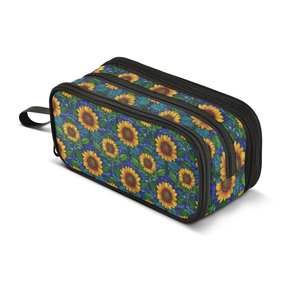 FORMRS Pencil Case with 3 Compartments School Large Capacity Zipper Pen Pouch Stationery Organizer, Blue Art Sunflowers