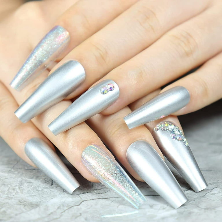 Extra Long Fake Nails False Set Press On Tips Ombre 3D Bling Nails With  Rhinestones Coffin