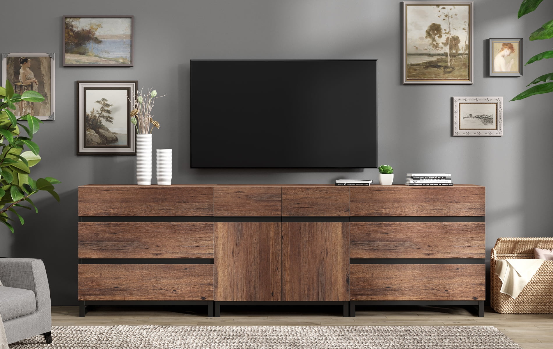 Modern TV Stand For Tvs Up To 100 Inch, 3-In-1 TV Console With Adjustable Shelves And 6 Drawers, Media Console For Living Room And Bedroom,Brown