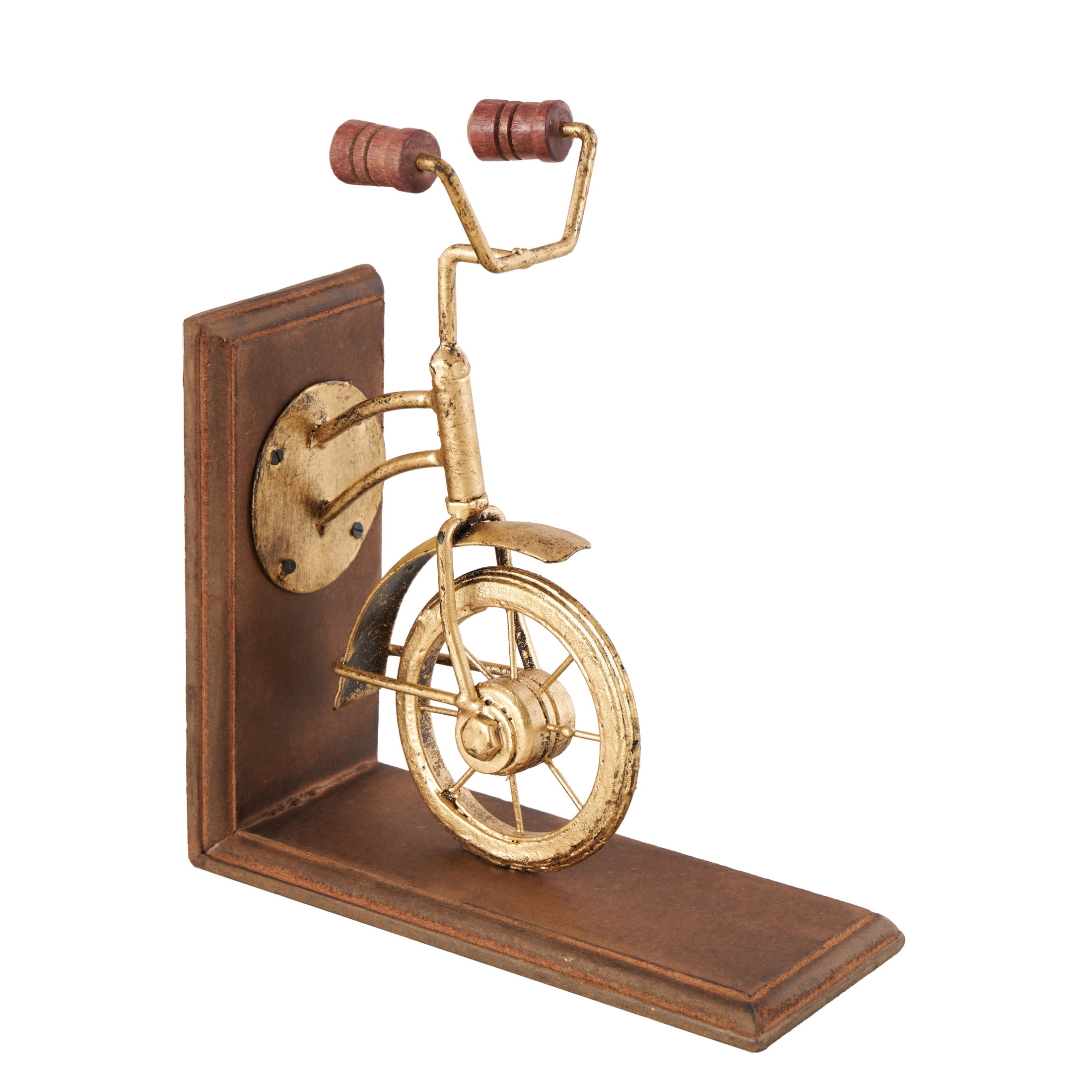 DecMode 7" Bike Brass Wood Bookends (Set of 2)