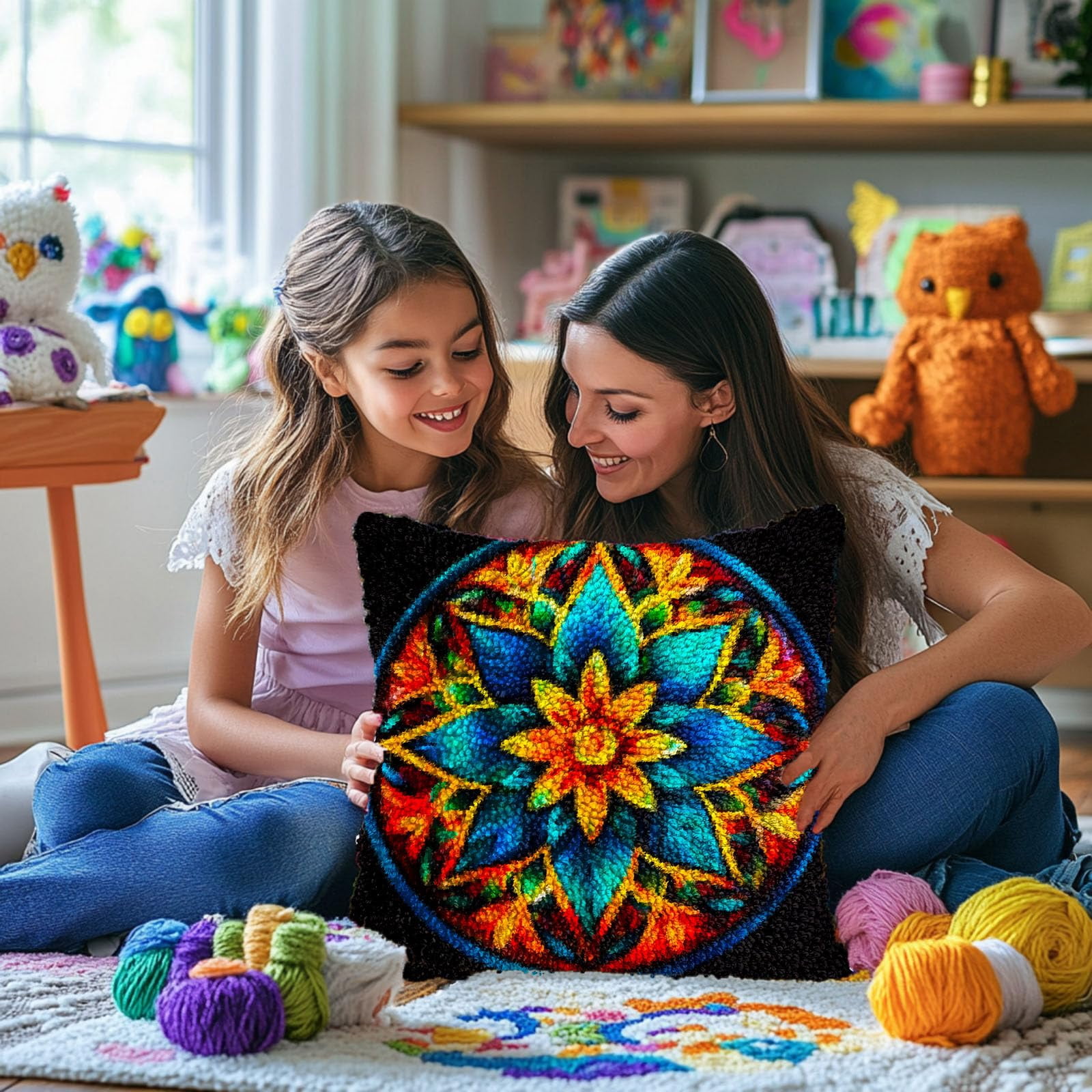 Colorful Mandala Pattern DIY Latch Hook Pillow Kits for Adults Printed Pillowcase Crochet Yarns Hooking Handmade Pillow Cover Cushion for Home Sofa Decoration 17x17inch(1)