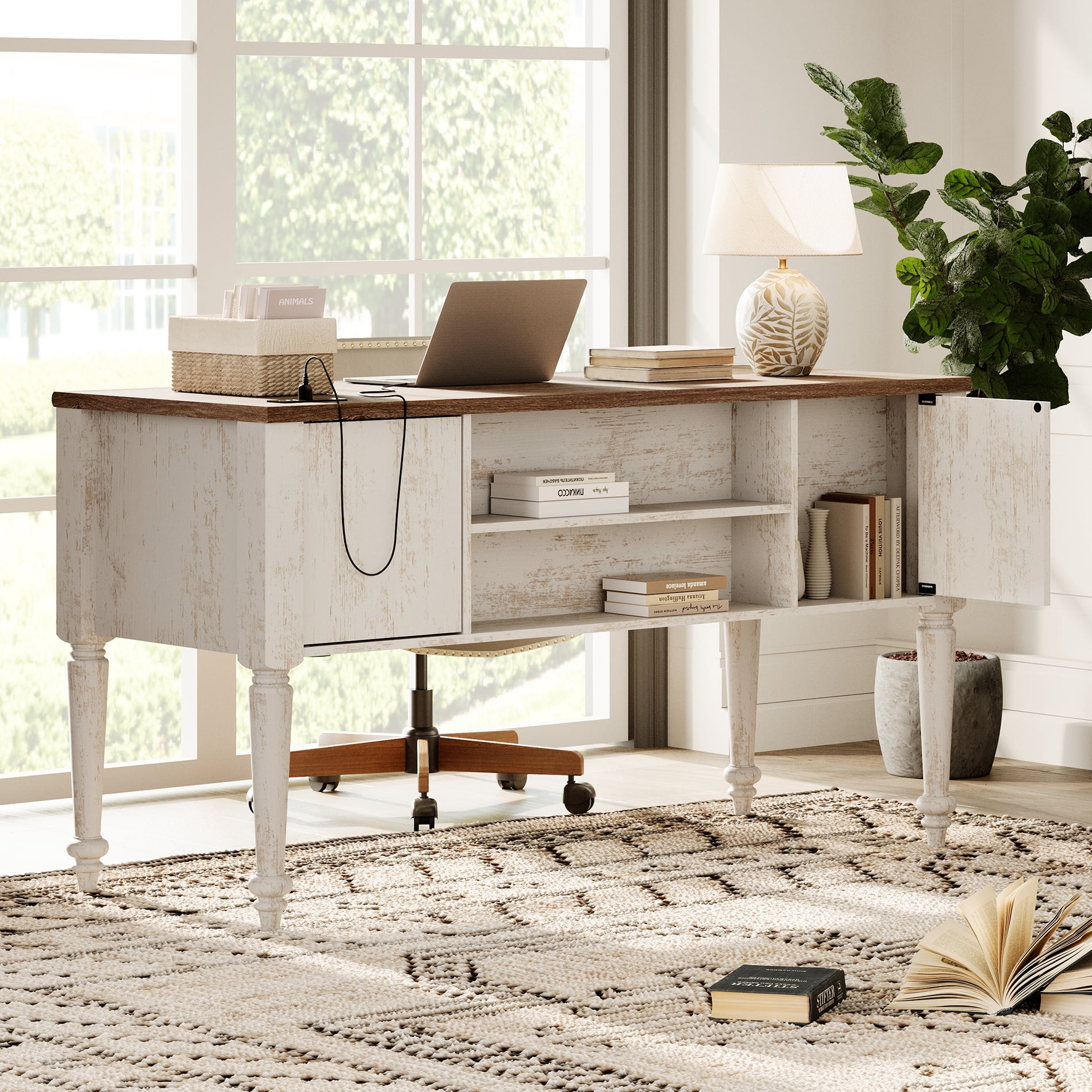 Vintage Writing Desk with Drawer & Cabinet, Wooden Executive Desk with Charging Function for Home Office & Study Room, Antique White