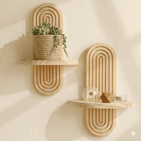 Floating Shelves for Wall, Boho Rattan Plant Shelf Set of 2, Wood Shelves for Living Room,Bedroom