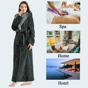 AMITOFO Long Hooded Robes for Women Luxurious Plush Bathrobes with Pockets & Waist Belt Full Length Bathrobe Winter Warm Sleepwear - L & Gray