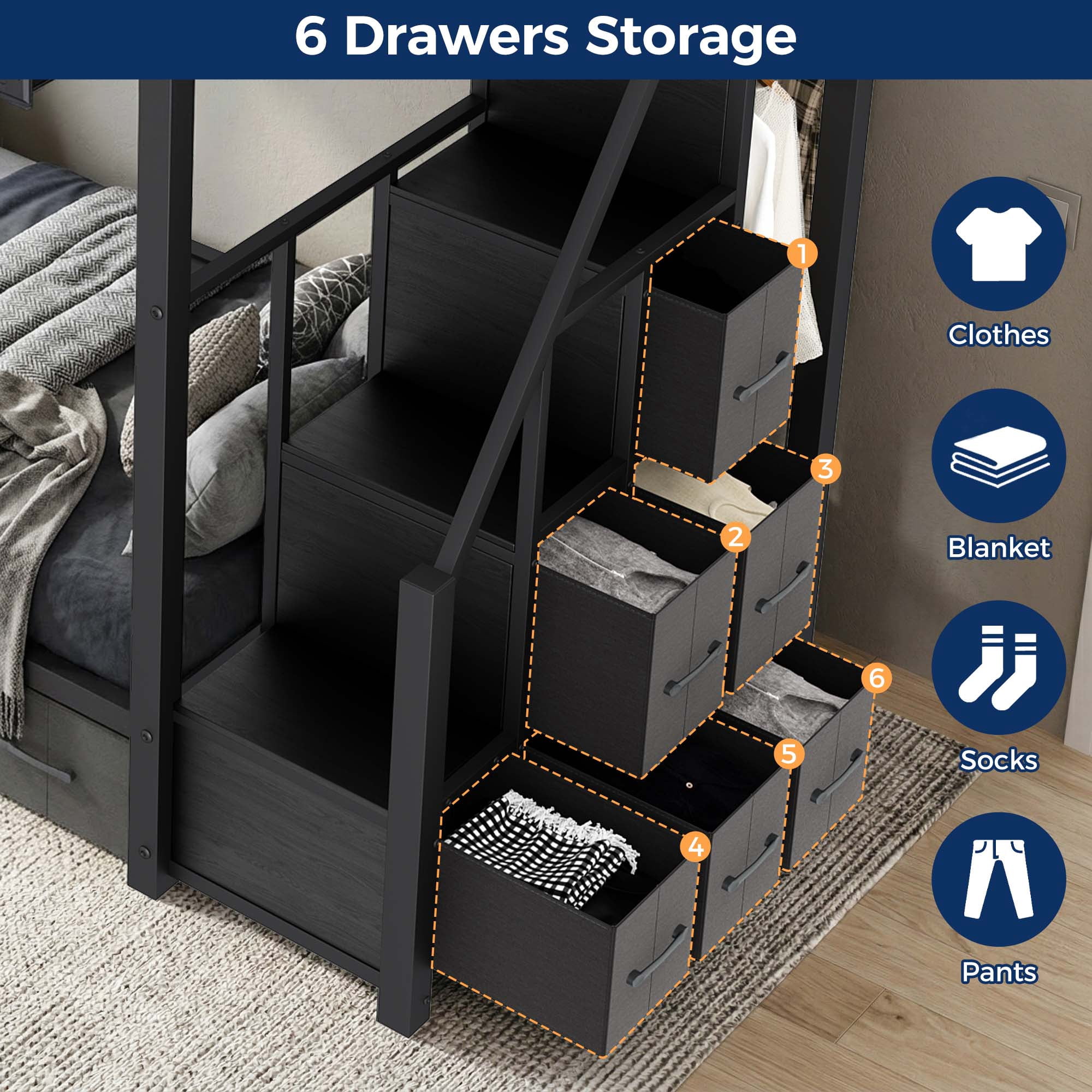 Miniyam Twin over Twin Bunk Bed with Storage Stairs and 6 Drawers, Black