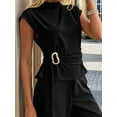 thumbnail image 6 of Women's Cap Sleeve Blouses Mock Neck Shirts Buckle Tunic Business Tops Blouse Shirt Top for Summer Spring Casual Work Black L, 6 of 9