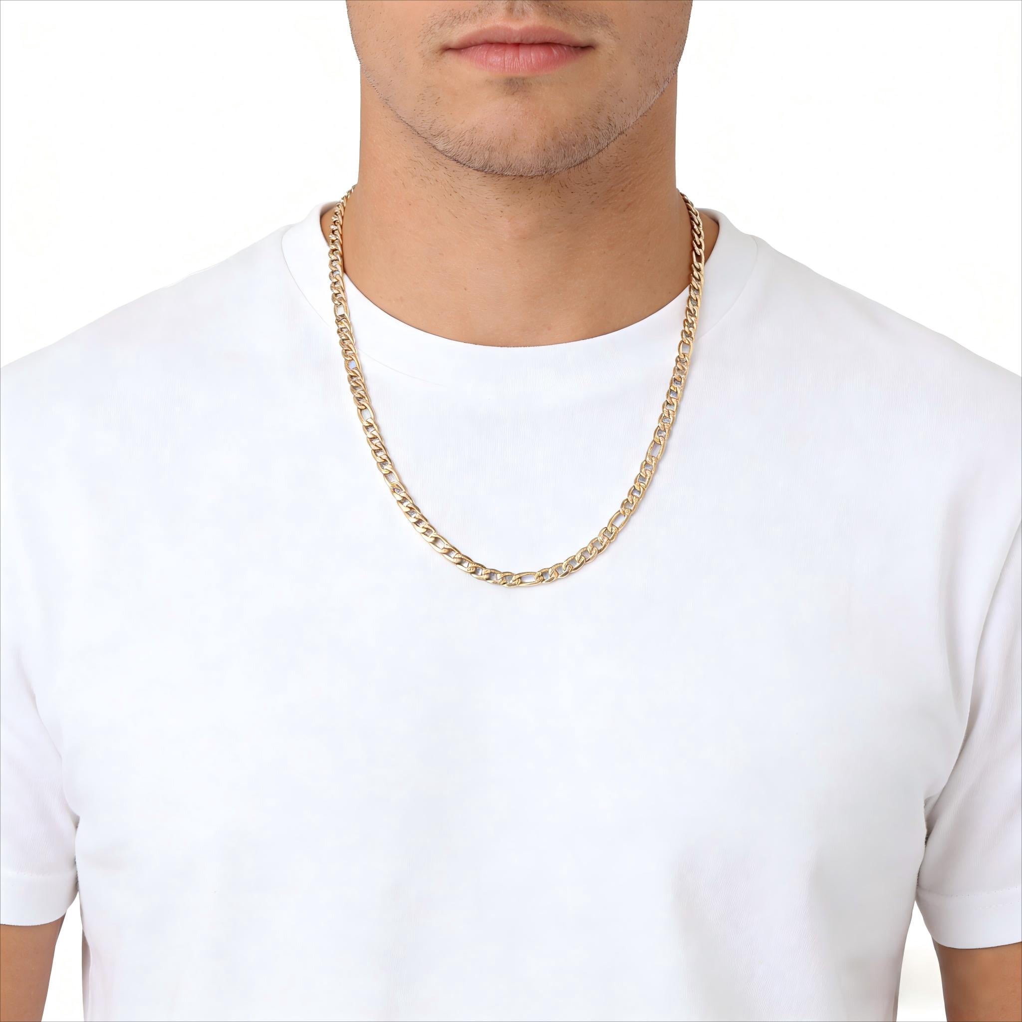 Iron Saints Men 18K Gold Plated Diamond Cut Figaro Necklace, Stainless Steel, Men Luxury