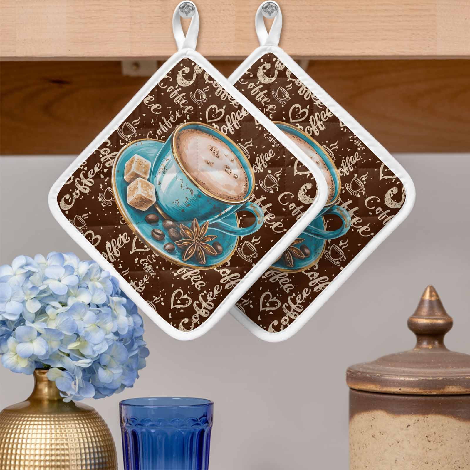 Coffee Pot Holders for Kitchen Heatproof Potholder, 4 Pack Brown Teal Pastoral Vintage Art Hot Pads Multipurpose Oven Pads Cloth Potholders Trivet for Cooking and Baking