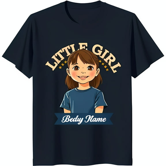 Cheerful Cartoon Girl Graphic on Black T-Shirt Customizable Design