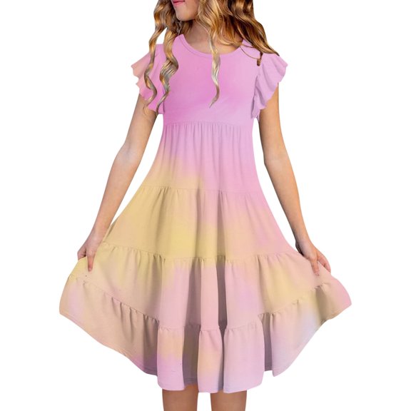 Big Girls Dresses 12-13 Years Tie Dye Clothes for Girls Flutter Sleeve Dress A Line Dresses for Kids Flutter Sleeve Dress Pink