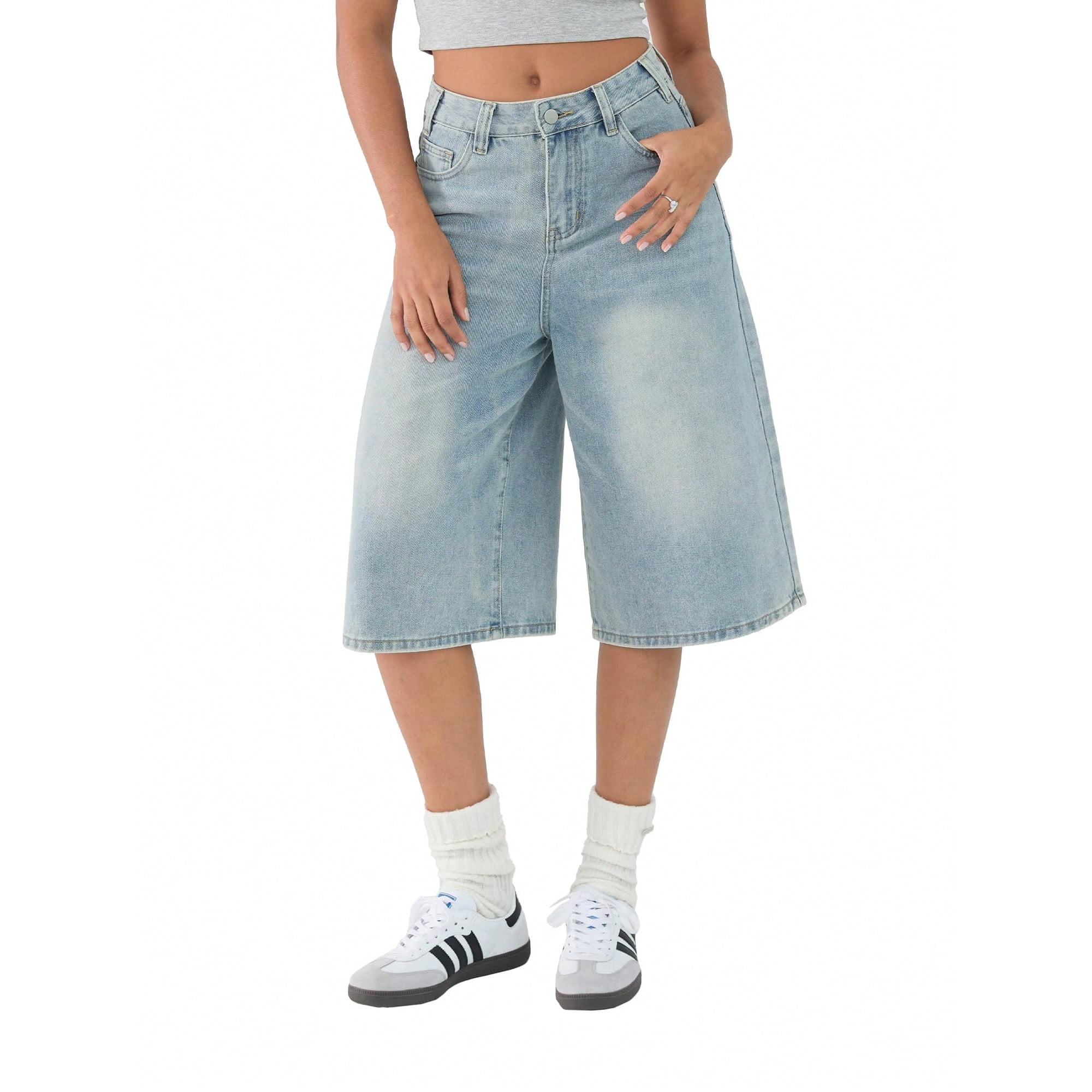 EMMIOL Women's Fall Trendy Baggy Denim Shorts Y2K Wide Leg Jean Jorts, Knee Length Loose Fit Jean Shorts