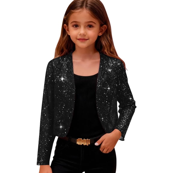 YOUYEDIAN Teen Girls Sequin Cardigan Jackets Kids Open Front Sparkly Long Sleeve Crop Tops Shiny Bling Dressy Casual Holiday Party Outfits (Black, 8-9 Years)