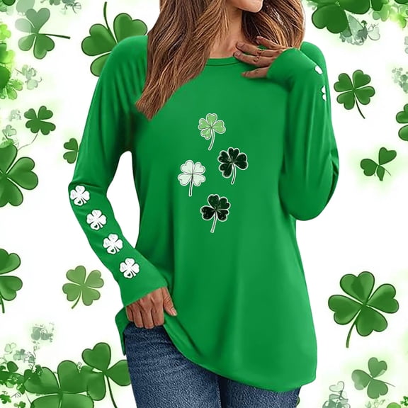 Nfurl Women's Plus Size Long Sleeve Tops Shamrock Graphic Tee Funny Irish Shamrock Printed St Patricks Day Shirt Women Holiday Clothes Green L