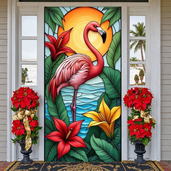 Vibrant Stained Glass Flamingo Party Banner Tropical Floral Design Beach Party Backdrop Golden Sun Motif Ocean Wave Detail Coastal Celebration Background for Summer Luau Beach Wedding Indoor