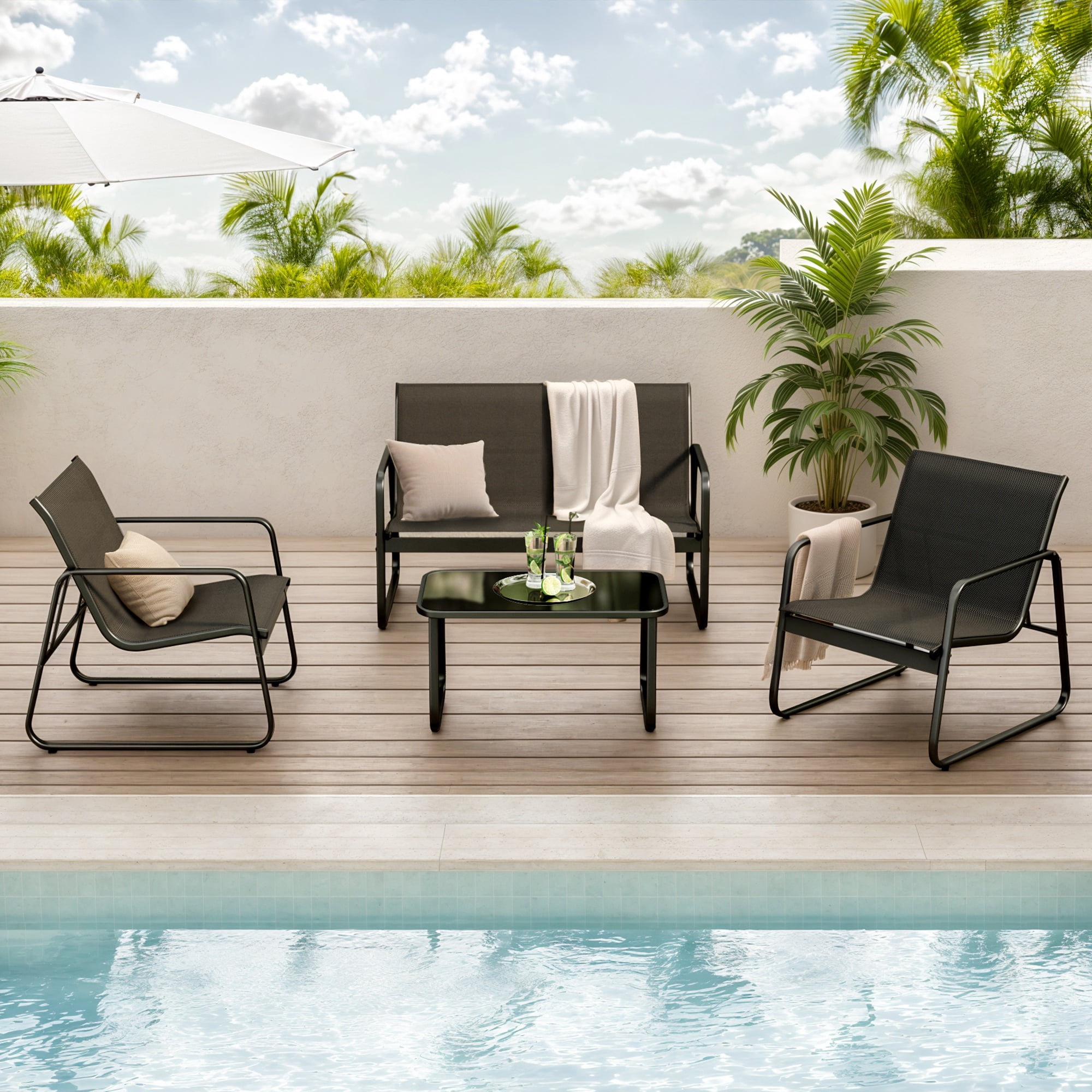Patio Furniture Set on Sale, Asofer 4-PCS Bistro Set with Coffee Table for Poolside, Porch, Lawn, Black