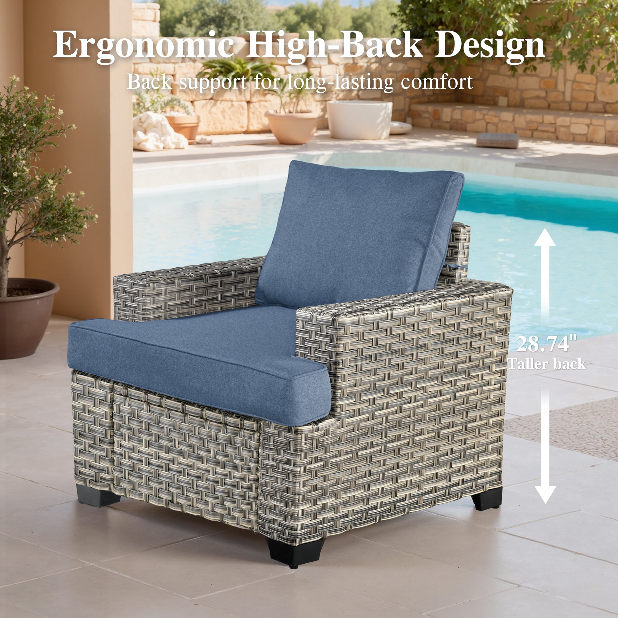 Ovios 8-Piece Outdoor Patio Furniture Set with Solar-Powered Lighted Coffee Table All-Weather Wicker Conversation Seating with Ottomans, Denim Blue