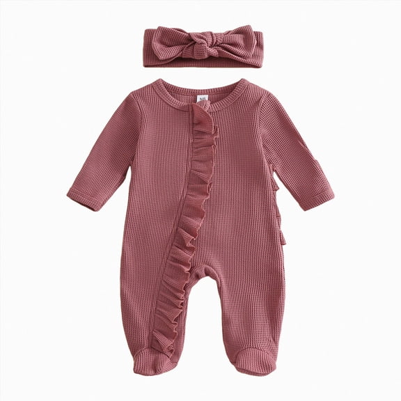 NOLDARES Newborn Baby Girls Smocked Romper Preemie Long Sleeve Jumpsuit Going Home Outfit with Bow Headband,A1130-Wine