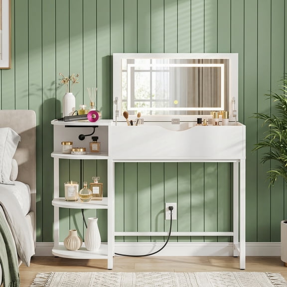 Homieasy Makeup Vanity Desk with Flip Top Mirror and Lights, 2-in-1 Modern Vanity Table with Charging Station and Side Storage Shelves, Space Saving Dressing Table for Small Spaces, White