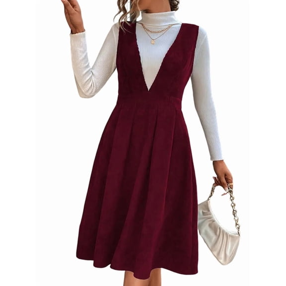 Women V Neck Corduroy Overall Dress Fall Mini Pinafore Jumper Dress Red S