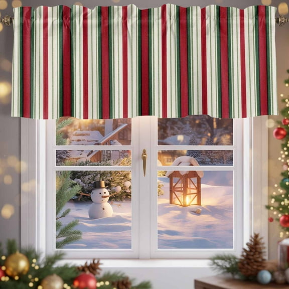 Kitchen Valances for Window, Green White Red Striped Light Filtering Rod Pocket Valance Curtain, Abstract Geometric Art Short Curtains Window Topper for Bedroom Bathroom Living Room 54x18in