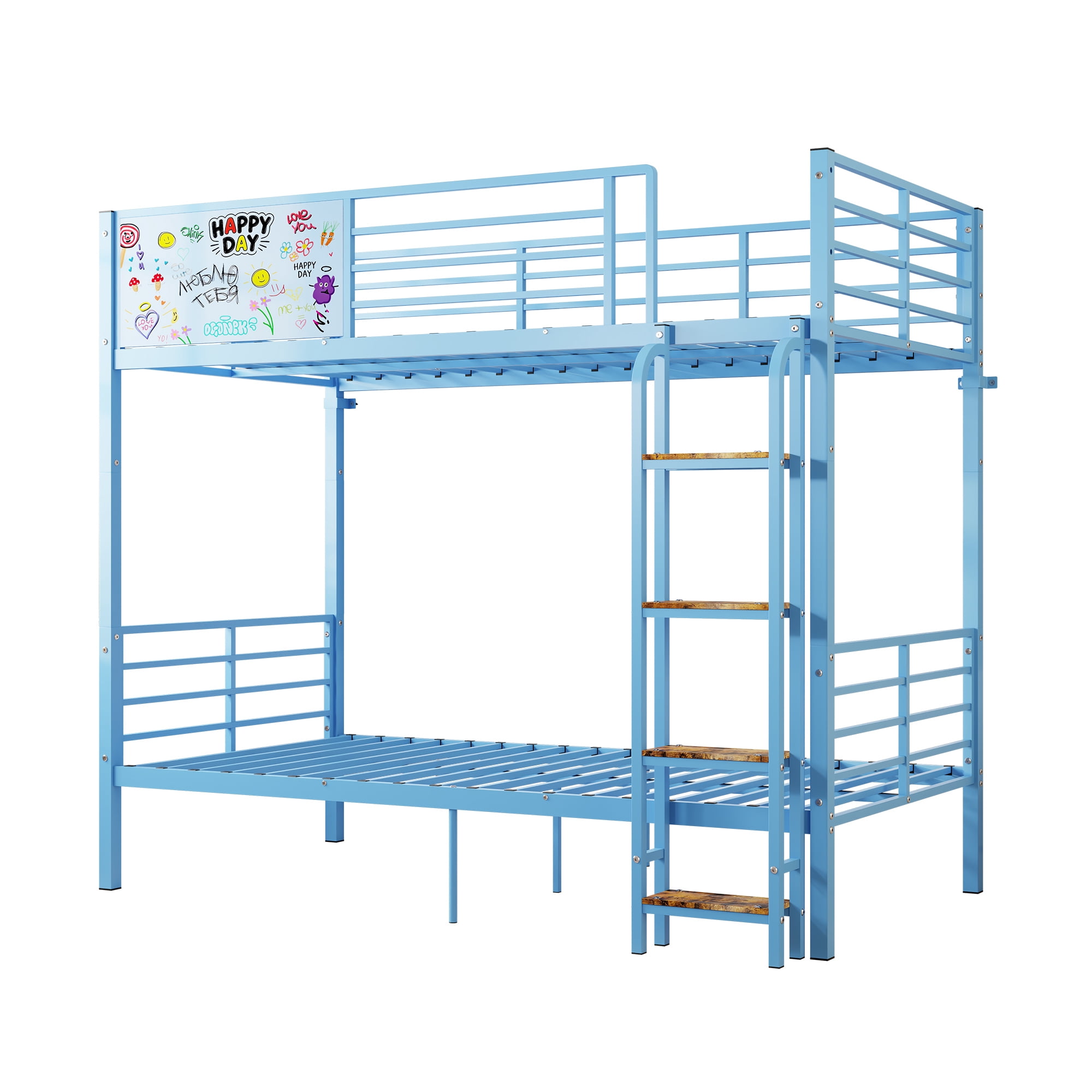 Convertible Metal Bunk Bed Separates into 2 Full Size Beds, Heavy Duty Frame with Full-Length Guardrail and Ladder, No Box Spring Needed, Blue