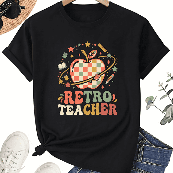 Retro Teacher T-Shirt for Women, 100% Cotton Crew Neck Short Sleeve Shirt, Vintage Apple Pencil Classroom Graphic