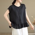 thumbnail image 6 of FRSASU Womens Ruffle Hem Shirts Short Sleeve Peplum Cardigans Crew Neck Button Cotton Linen Tops Black, 6 of 9