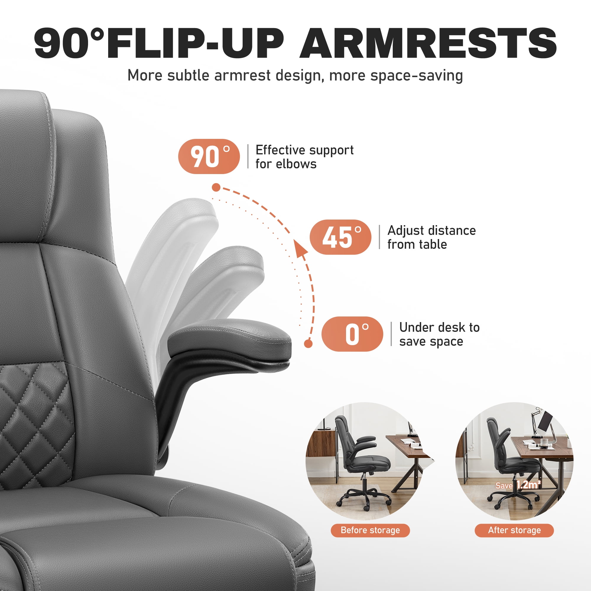 COOLHUT Office Chair, Executive Leather Chair Home Office Desk Chairs, Computer Chair with Adjustable Flip-up Padded Arms, Lumbar Support Swivel Desk Chair with Adjustable Hight and Tilt, Dark Gray