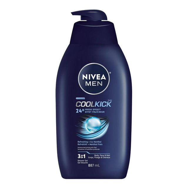 NIVEA Men Cool Kick Gel Douche à Effet Fraîcheur 24H pour Hommes / Nettoyant 3-en-1 pour le Corps, le Visage et les Cheveux / Gel Douche Rafraîchissant au Menthol / Testé Dermatologiquement