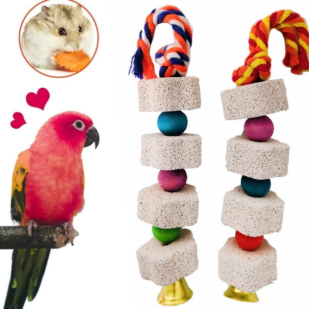 Juguetes para masticar pájaros - 2 piezas de juguetes para hámster, juguetes para masticar conejitos, piedra de moler con pico de pájaro con campana, juguetes para masticar colgantes, juguet