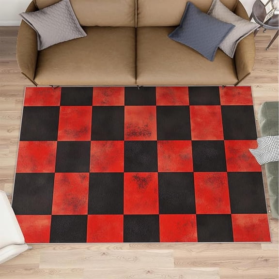Modern Fashion Rug, Black Red Checkerboard Area Rugs for Bedroom, Geometric Rugs for Living Room, Black Red Plaid Carpet, Washable Carpet, Modern Home Decor & Gifts-3x5ft