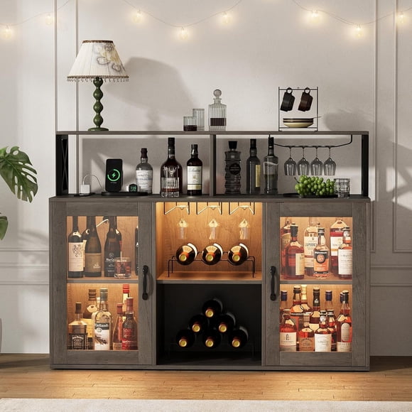 Bingirl Freestanding Liquor Cabinet for Home with LED Lights Wine Bar Cabinet Coffee Bar Buffet Sideboard Storage with Wine Rack Glass Holder for Living Room Dining Room Grey