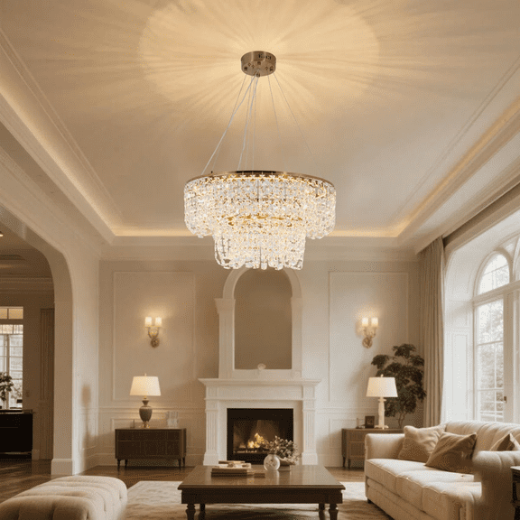 KPIBEST 23.6'' Wide 2-tier Gold Crystal Chandelier With Dimmable Led Light And Wall Switch – Elegant Ceiling Fixture For Living Room Or Foyer