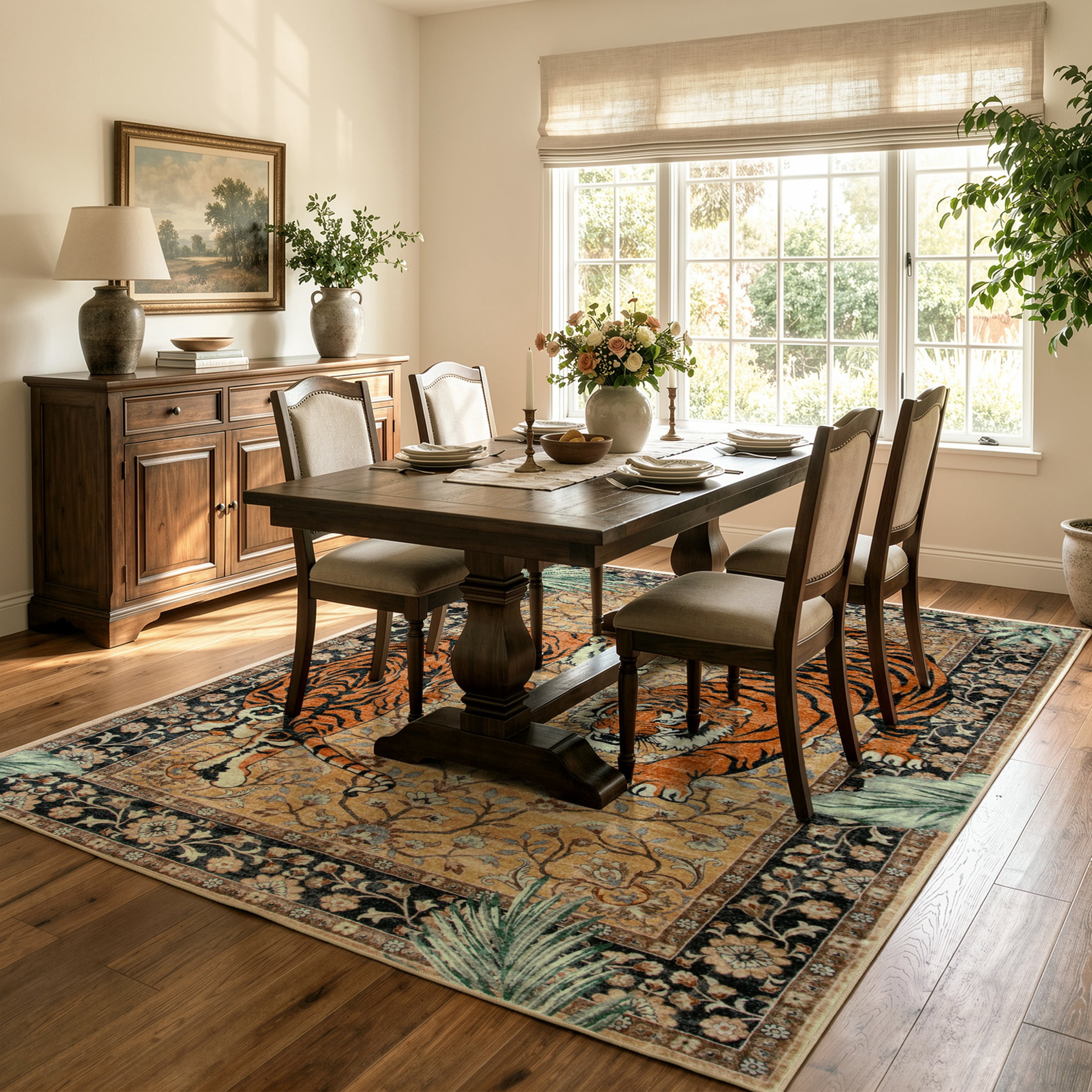 Moynesa 5'x7' Vintage Tiger Area Rug, Boho Traditional Washable Rug for Living Room Bedroom Dining Sunroom, Distressed Botanical Floral Accent Carpet, Soft Low Pile Non Slip Stain Resistant, Camel