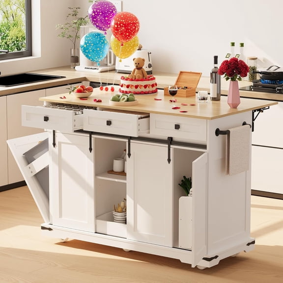 Studyset Rolling Kitchen Island with Power Outlet, Mobile Kitchen Cart on Wheels with Drop Leaf, Kitchen Island Table with Trash Can Storage Towel Holder for Dining Room, Home