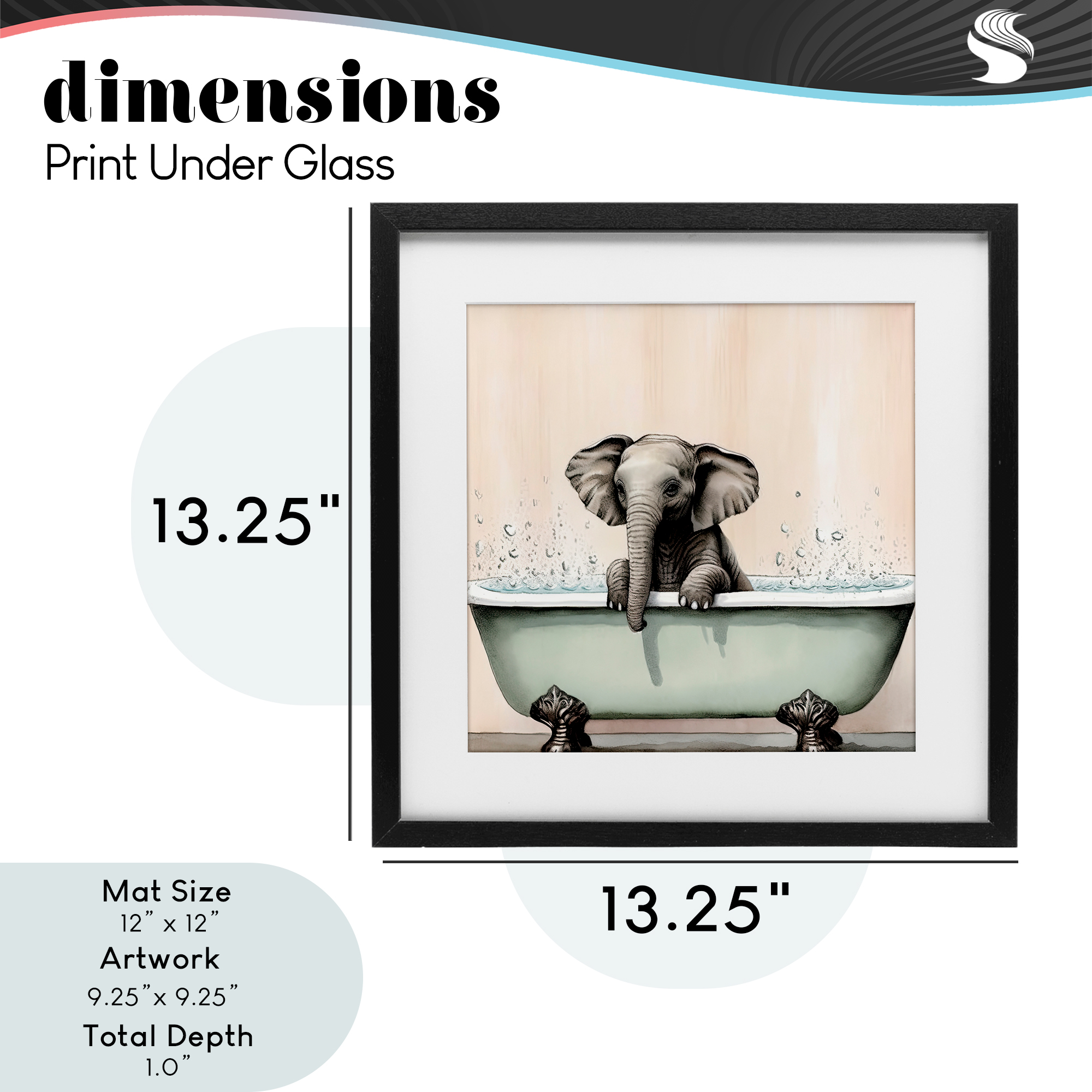 Baby Elephant Bathtime Black Framed Print Under Glass, design by Sasha