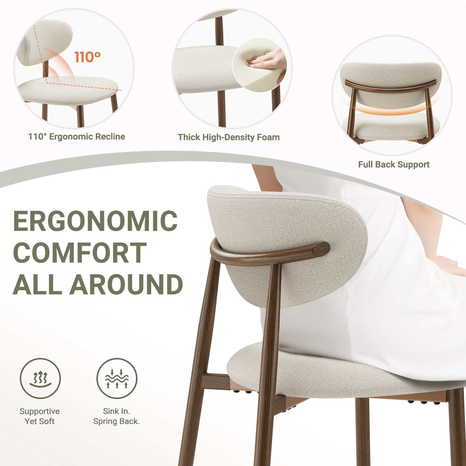 AFO Counter Height Bar Stools Set of 4, Modern Upholstered Kitchen Island Chairs with Back, Wood Grain Metal Legs, Beige