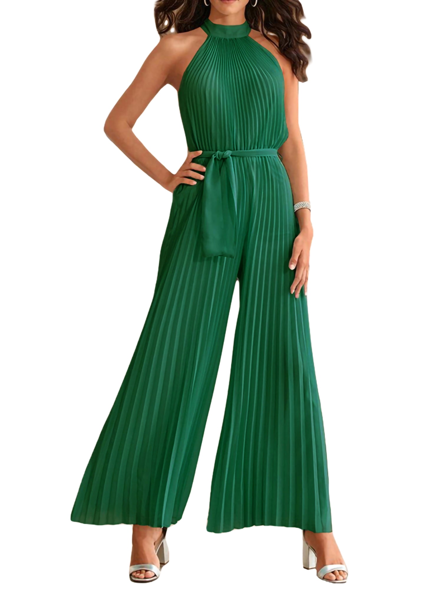 Women Summer Pleated Jumpsuit Halter Neck Wide Leg Belted One Piece Party Office Outfit