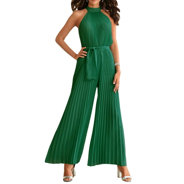 VISgogo Traje de una pieza para mujer, mono de pierna ancha plisado con vendaje en la cintura sin mangas en color sólido VISgogo moda