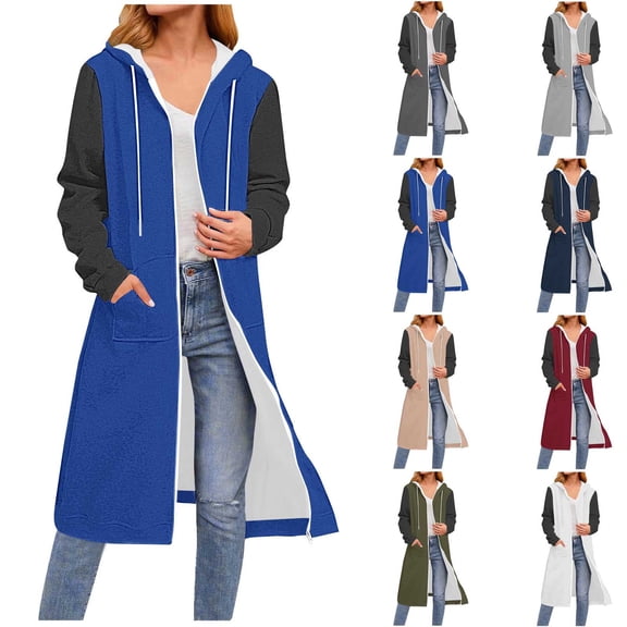 NuoCaiYun Cardigan Women'S Fashionable Patchwork Color Long-Sleeve Drawstring Hooded Zipper Long Coat with Pockets