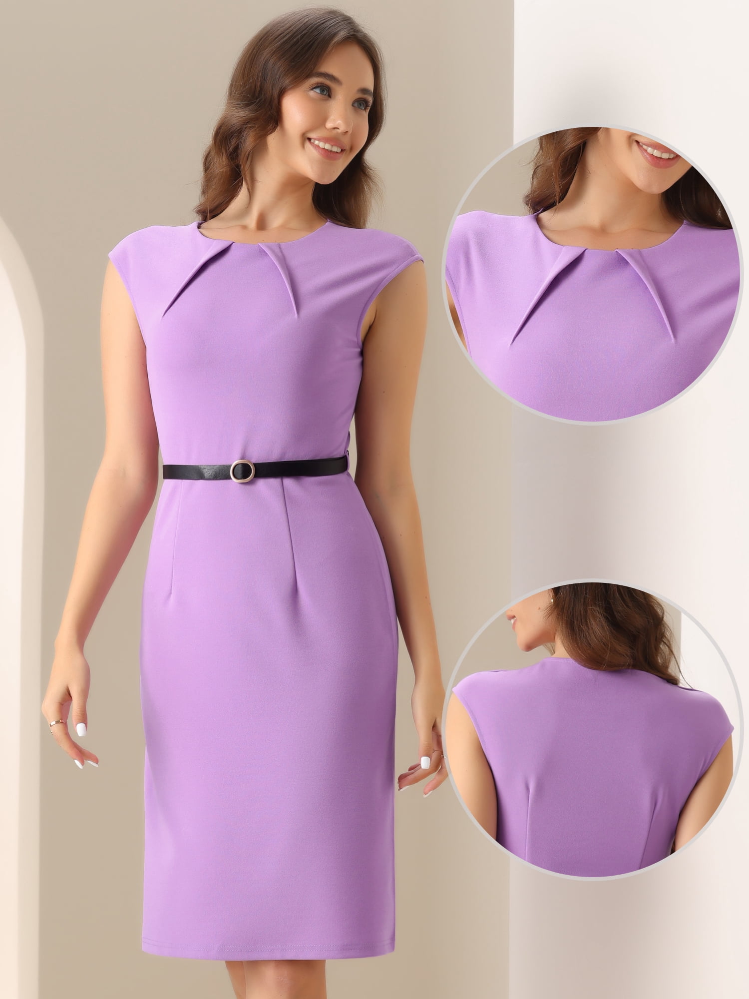 DARING DIVA Elegant Round Neck Cap Sleeve Belted Work Sheath Dresses XS Lavender